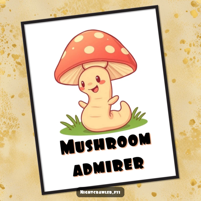 Funny Poster: Art print of a cute earthworm wiggling enthusiastically under a vibrant, glowing mushroom, evoking wonder.