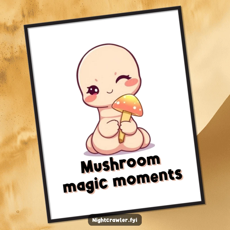 Funny poster art of a cute worm character winking while holding a tiny, illuminated mushroom, adding enchantment to any wall.