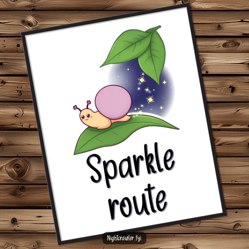 Funny Poster: Art print of a smiling snail leaving a shimmering sparkly trail across a leaf during the night, evoking enchantment.