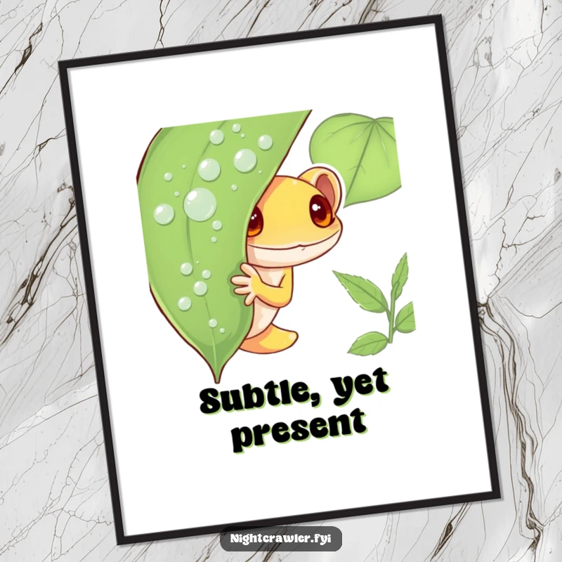 Funny Gecko Poster depicting a shy gecko character peeking coyly from behind a glistening dew-covered leaf, a humorous and charming wall art piece.
