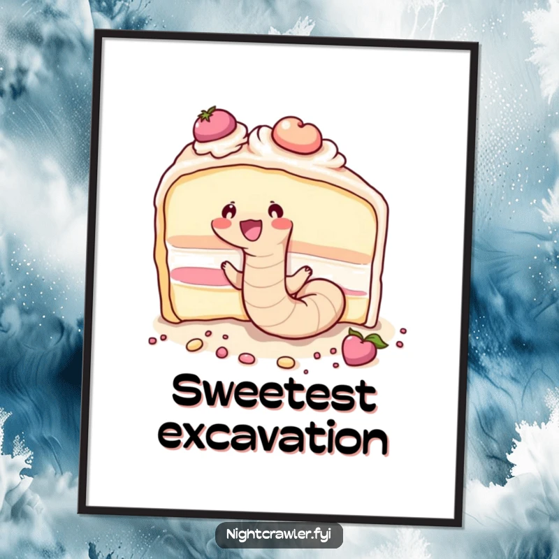 Funny cute earthworm joyfully tunneling through a massive slice of cake, creating a sweet scene on this poster.