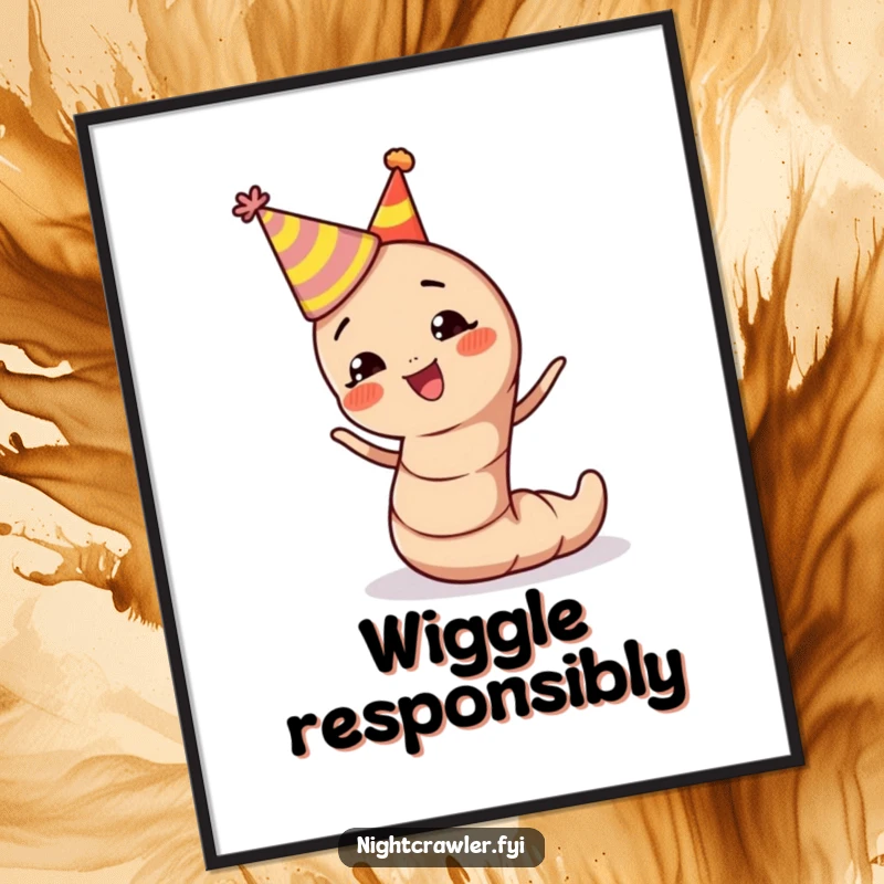 Funny earthworm poster showing a cute character in a party hat, wiggling with uncontainable excitement and festive cheer.