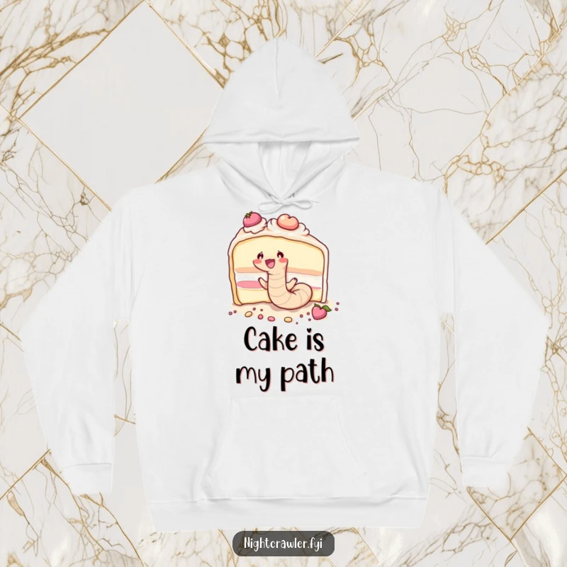 Funny cute earthworm joyfully burrowing through a massive cake, printed on a comfortable hoodie.