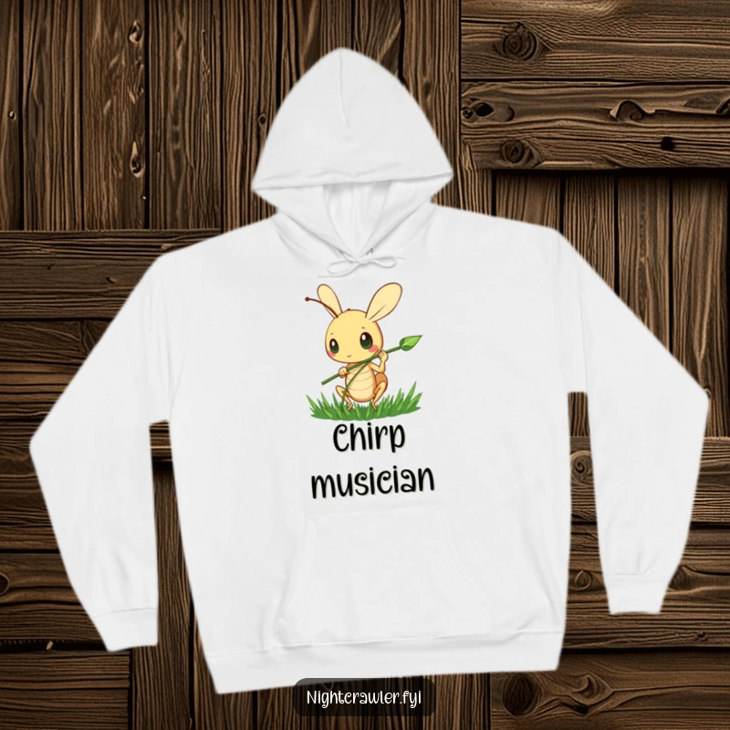 Funny Cricket Harmony Hoodie: A cute cricket character happily strums a blade of grass, radiating cheerful musical vibes.
