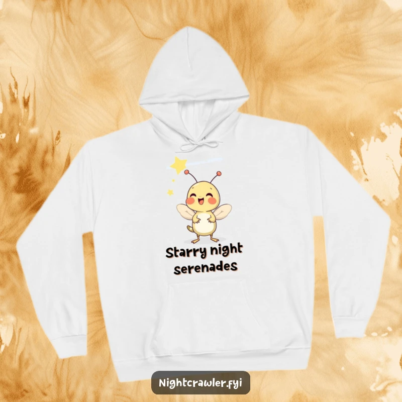 Funny hoodie design of a cheerful cricket chirping under a starry sky, perfect for cozy summer evenings.