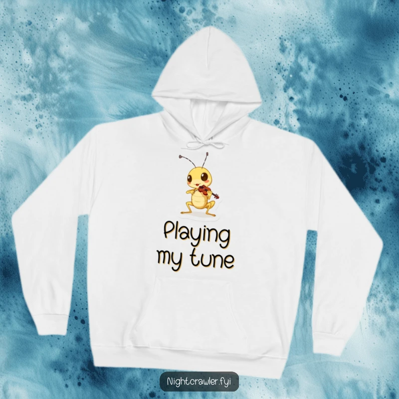 Funny cricket hoodie featuring a cute character playing a miniature violin with gusto, embodying musical passion.
