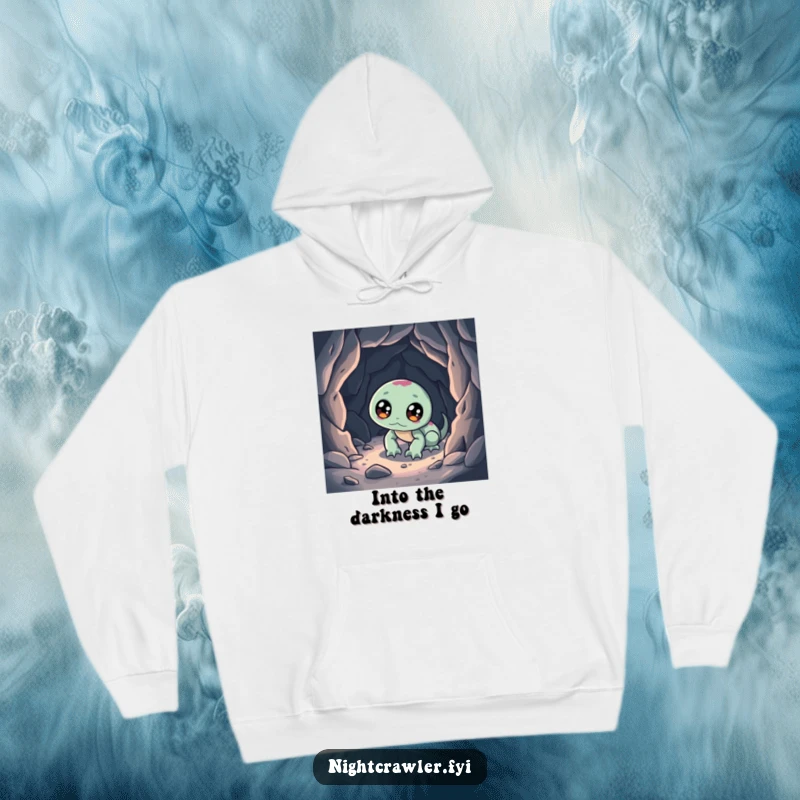 Funny hoodie showing a night crawler with glowing eyes exploring a tiny cave, perfect for chilly nights or adventurous days.