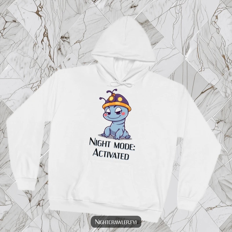 Funny night crawler hoodie designed with a mischievous character wearing a tiny glowing hat, perfect for chilly nights.