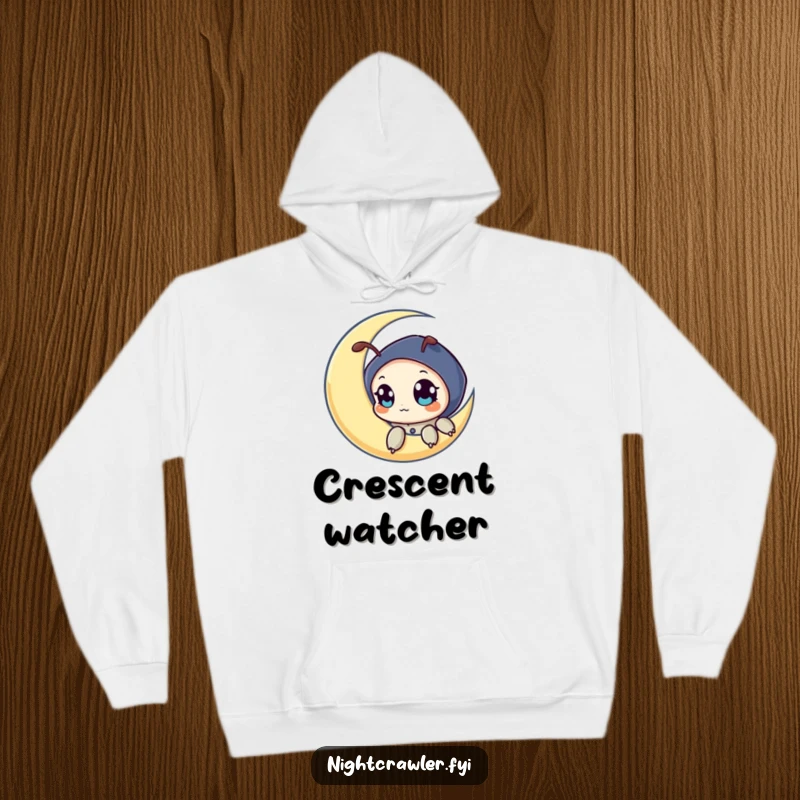 Funny hoodie with a night crawler character peeking from a crescent moon, perfect for stargazers and lovers of the night.