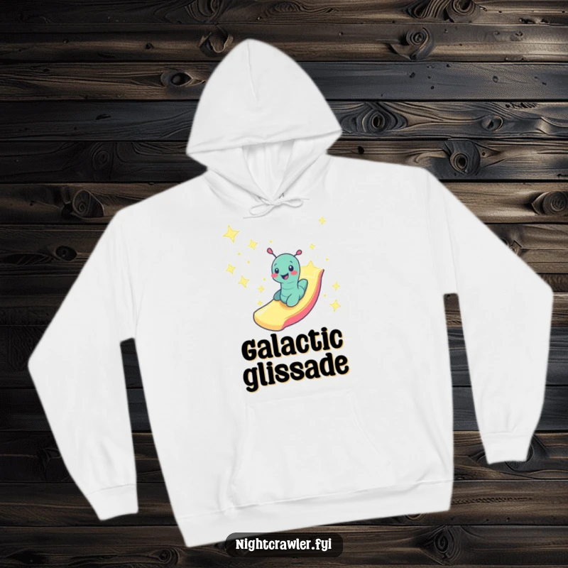 Funny smiling worm zooming down a slide made of starlight, printed on a comfortable and magical hoodie.
