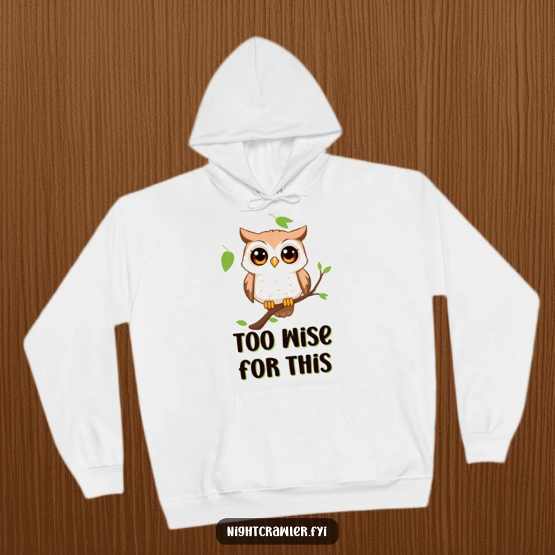 Funny owl hoodie featuring a wide-eyed, curious character perched on a branch, embodying wonder and fascination.