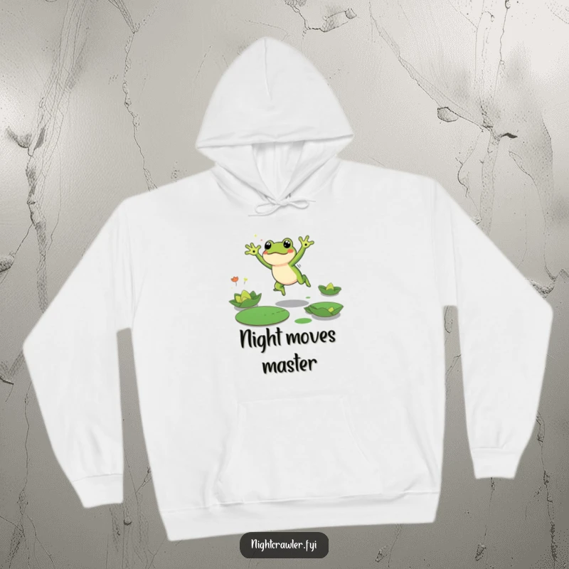 Funny Frog Hoodie featuring a cute frog character energetically leaping between lily pads in the dark, providing a humorous and cozy layer.