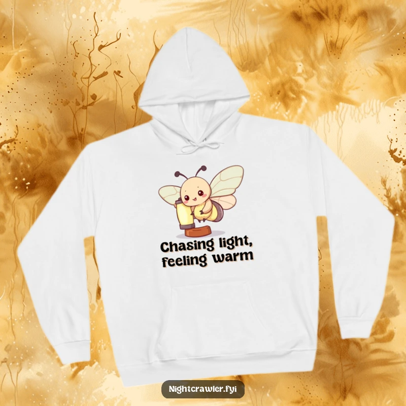 Funny Kawaii Moth Hoodie: A cute moth character is depicted fluttering energetically around a bright, glowing lantern, creating a humorous and cozy feel.