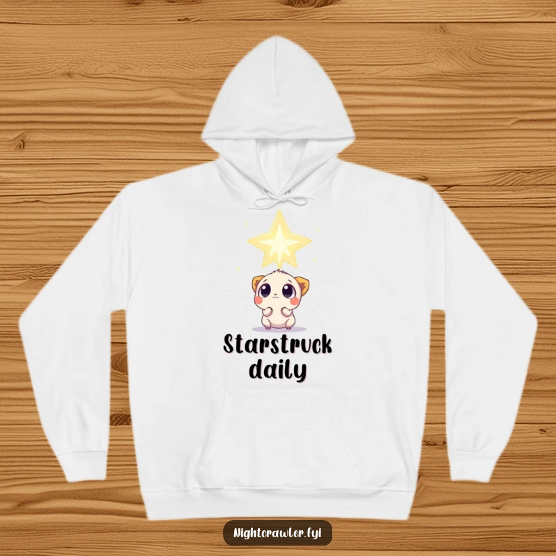 Funny Hoodie: A small creature with wide, curious eyes observes a colossal, twinkling star, offering cozy celestial charm.