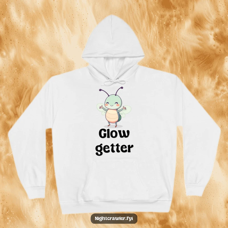 Funny hoodie showing a cute insect character joyfully dancing in a moonbeam with a happy twitch, a whimsical winter warmer.
