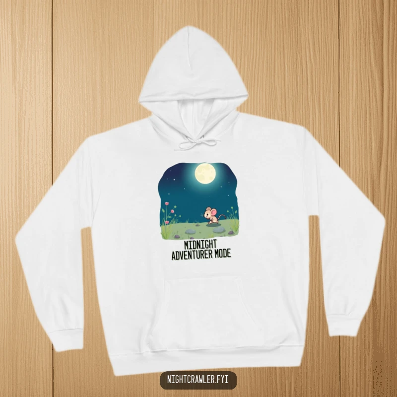 Funny hoodie design of a small mouse playfully running on moonlit ground, perfect for cozy nights.