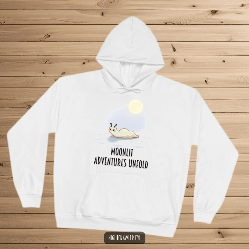 Funny hoodie graphic of a cute slug character creating a shimmering trail across a moonlit surface, radiating peaceful energy.