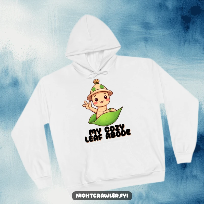 Funny Earthworm Hat Hoodie: Cute worm in a tiny hat waving hello from a leaf, a comfortable and funny gift.