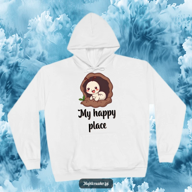 Funny hoodie showcasing a small worm character joyfully burrowing into soft, dark earth, offering warmth and cozy contentment.