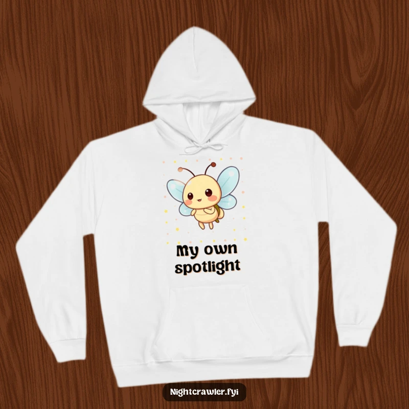 Funny Hoodie: Cozy character, a playful firefly, blinking its light in a cheerful pattern, designed for warmth and whimsical spirit.