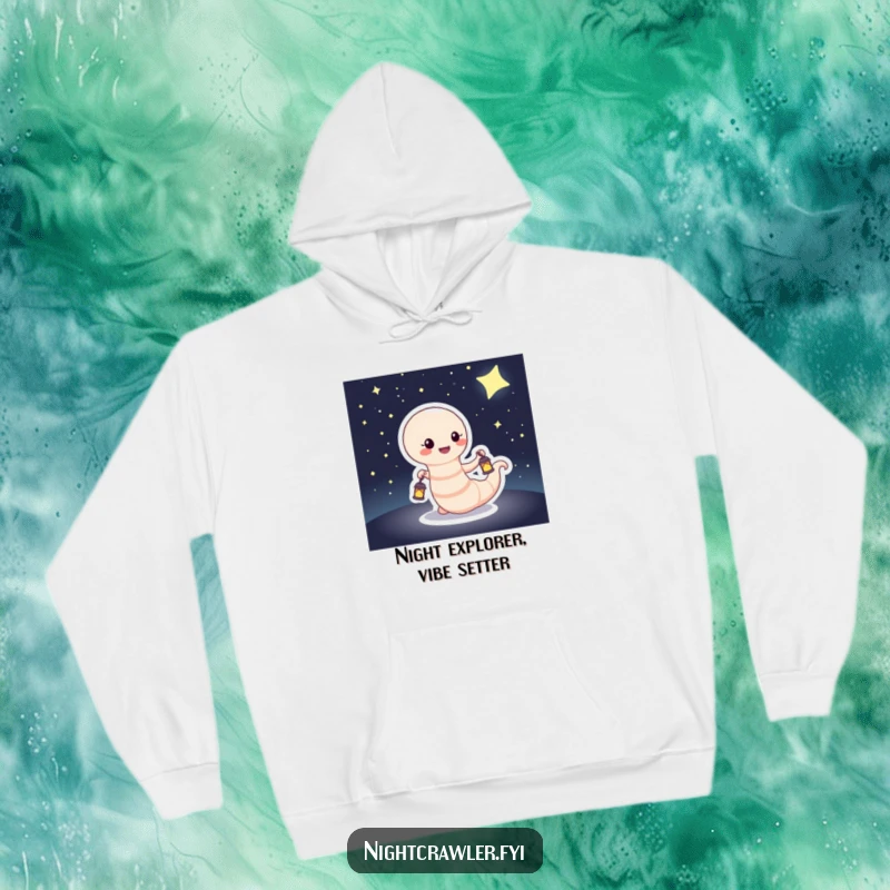 Funny Hoodie depicting a happy worm holding a tiny lantern under a vast, dark, starry sky, offering a sense of comfort and wonder.