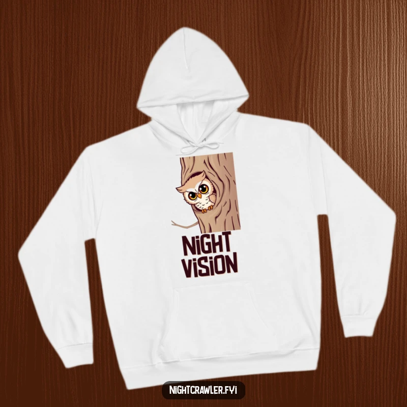 Funny Wise Owl Hoodie: A little owl character peeks from a tree with bright eyes, radiating gentle humor and wisdom.