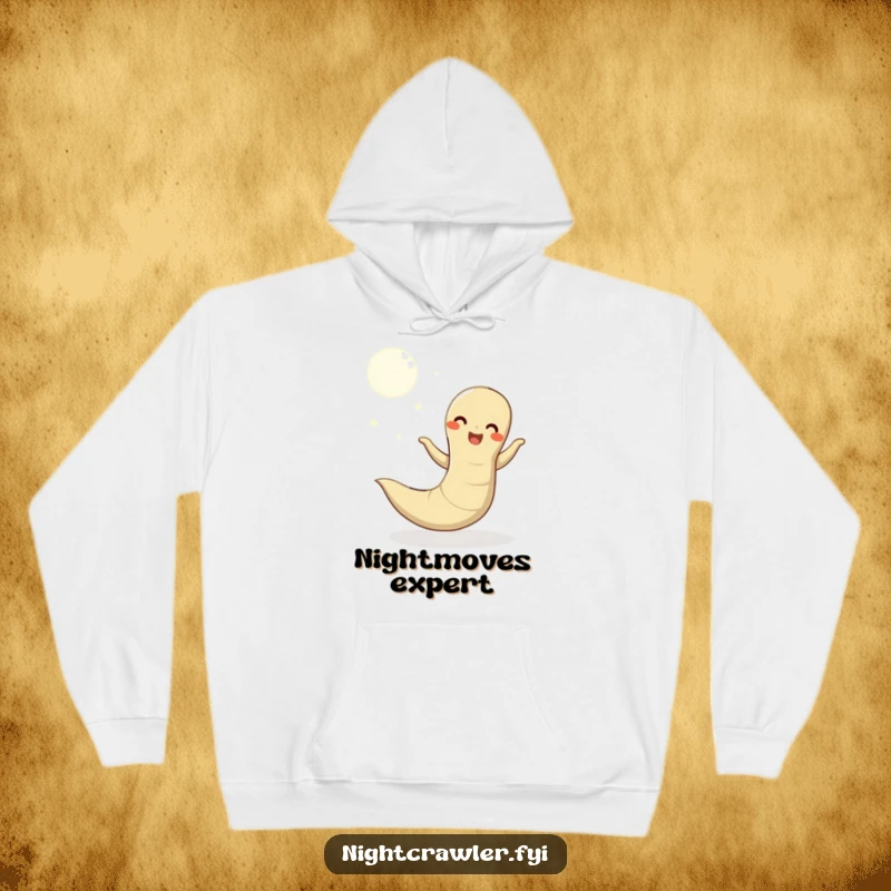 Funny hoodie depicting a happy earthworm enthusiastically dancing under the moonlight, designed for comfort and a touch of whimsical fun.
