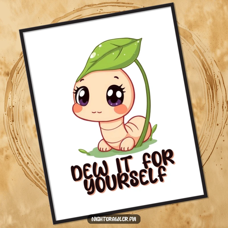 Funny Free Printable Wall Art: Cute worm character peeking from a dewy leaf, wide curious eyes, nature art.