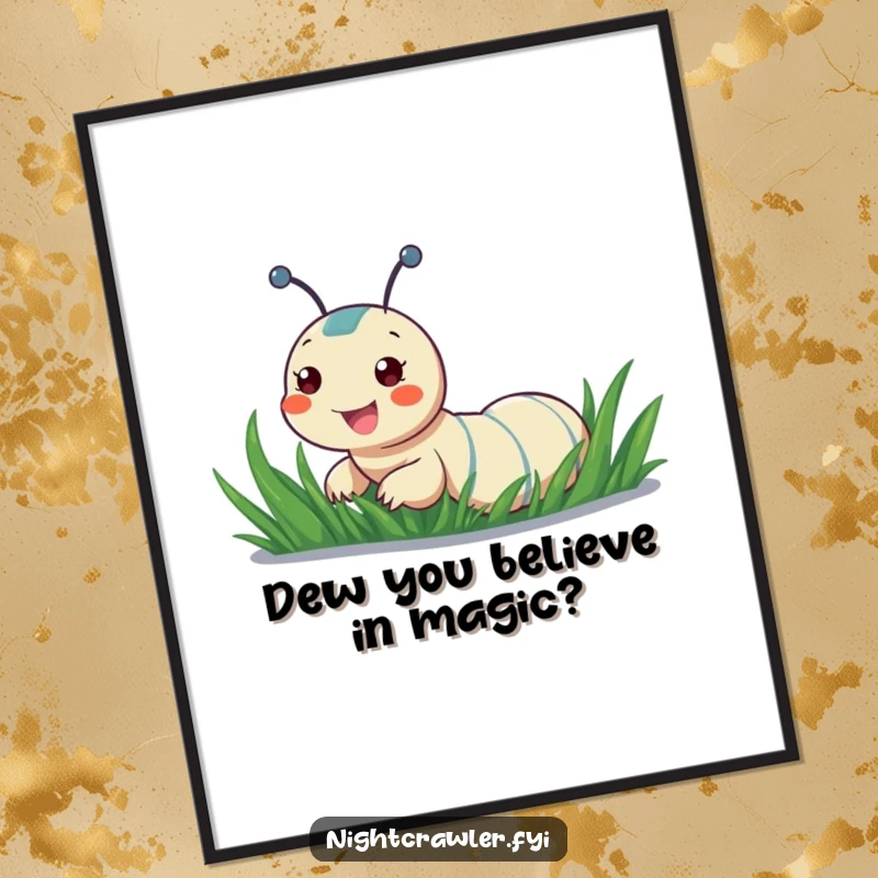 Funny Free Printable Wall Art: A happy night crawler gleefully sliding down a tall, dew-covered blade of grass, mid-adventure.