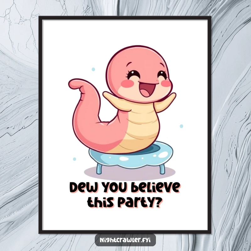 Funny Free Printable Wall Art showing a cute earthworm character joyfully bouncing on a dewdrop like a trampoline, celebrating pure happiness, downloadable art.