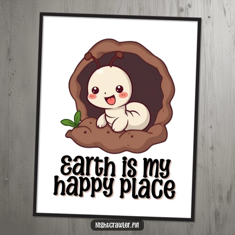 Funny Free Printable Wall Art depicting a small worm character joyfully burrowing into soft, dark earth.