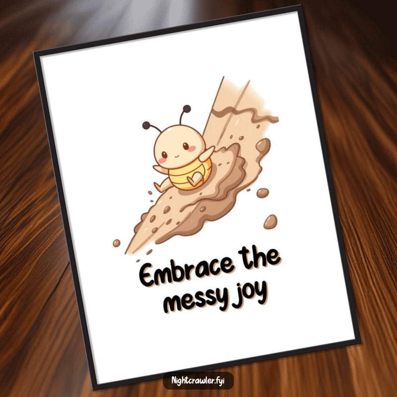 Funny Free Printable Wall Art of a cute buggy character gleefully sliding down a muddy slope with an expression of pure, unadulterated joy.