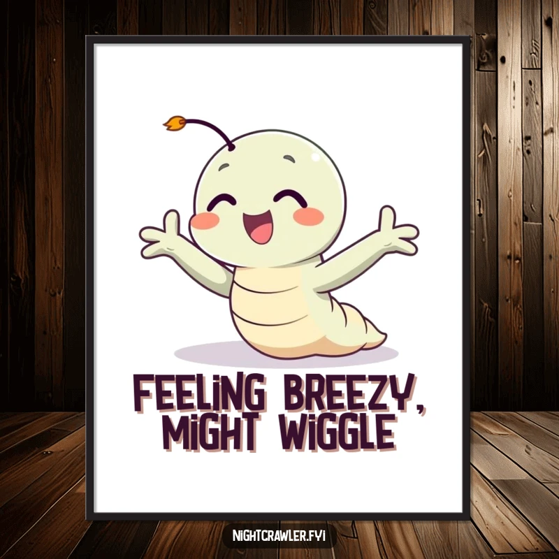 Funny Free Printable Wall Art: A cheerful night crawler with arms open wide, blissfully enjoying a gentle, refreshing breeze outdoors.