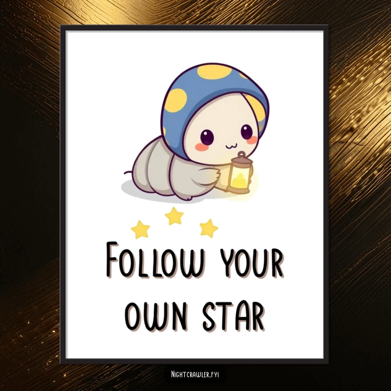 Funny free printable wall art, night crawler character holding a tiny lantern, leading a path of glowing stars.