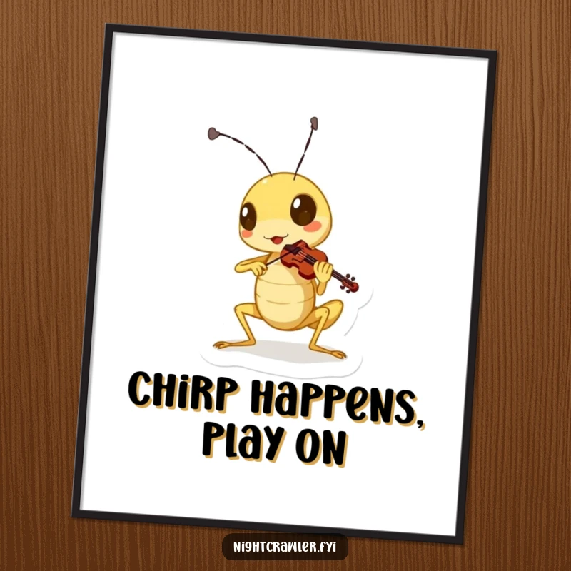 Funny Free Printable Wall Art depicting a cute little cricket character playing a miniature violin with immense gusto and passion.