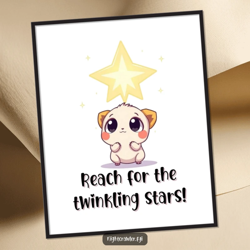 Funny Free Printable Wall Art: Small creature with wide, curious eyes gazing up at a colossal, twinkling star, a celestial wonder.