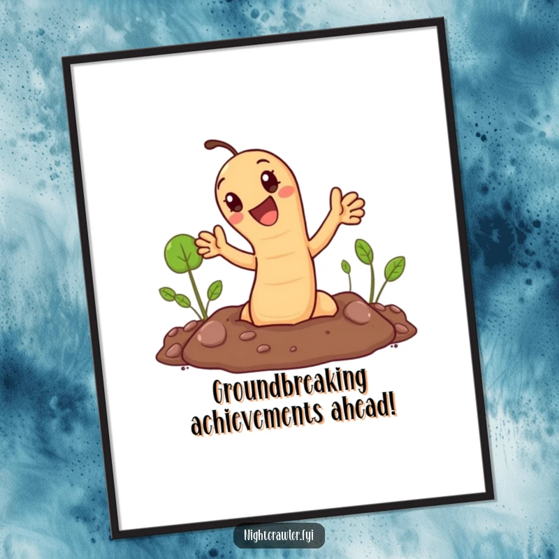 Funny Free Printable Wall Art: Cute earthworm joyfully pops out of the ground, waving hello with a big smile, cheerful downloadable decor.