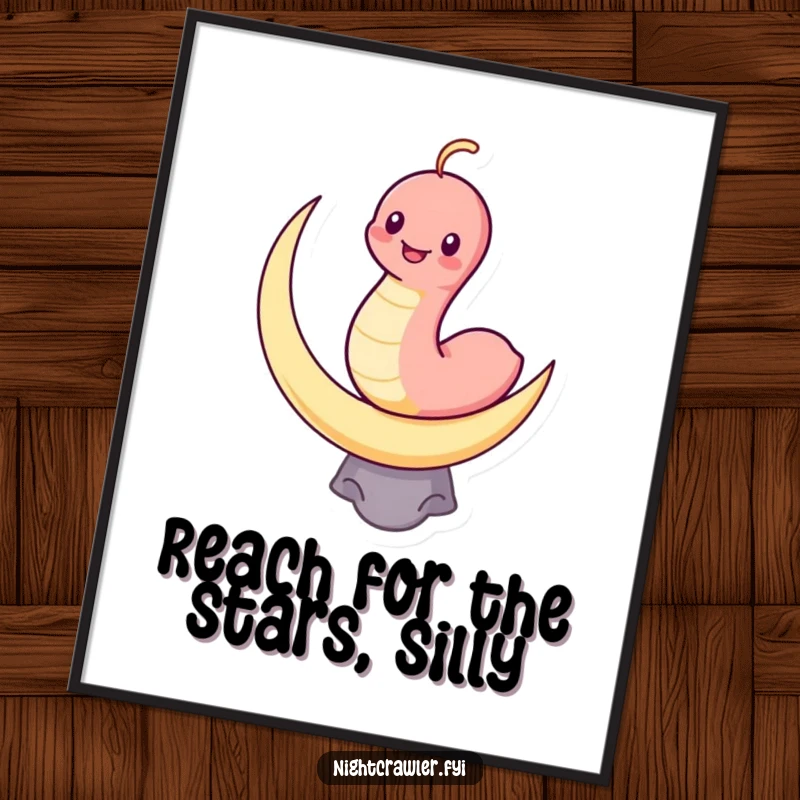 Funny Free Printable Wall Art: Cute kawaii worm grins while balancing perfectly on a crescent moon, looking magical.