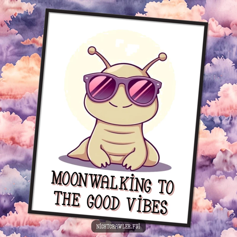 Funny Free Printable Wall Art featuring a smiling slug with sunglasses basking in the soft moonlight.