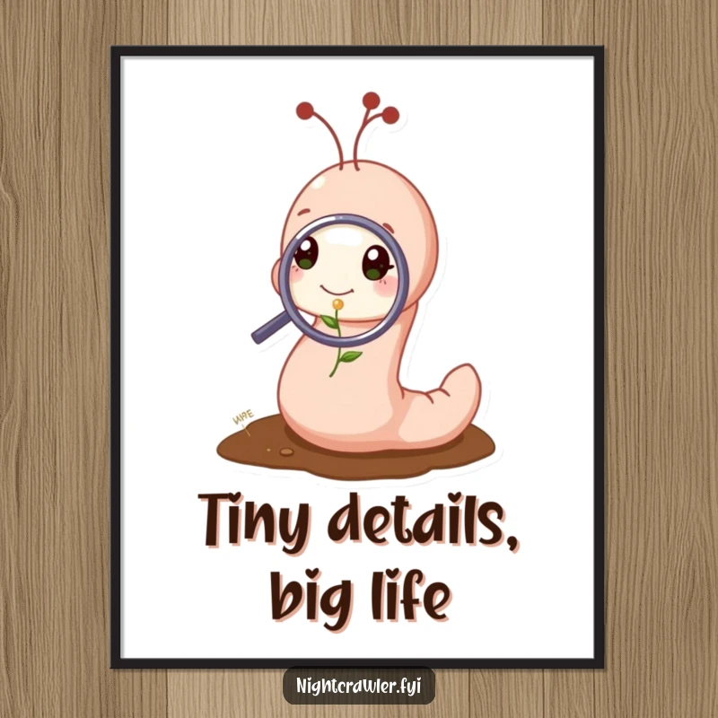 Funny Free Printable Wall Art: Cute worm character uses a magnifying glass to examine a tiny, budding sprout with interest.