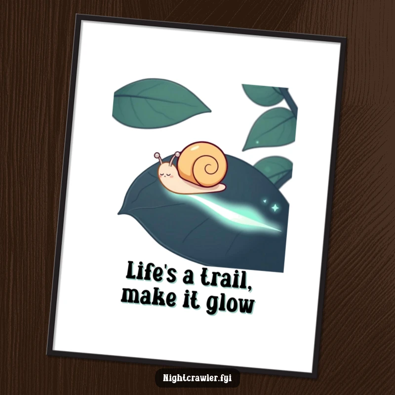 Funny Free Printable Wall Art: A happy snail creating a glowing phosphorescent trail across a dark leaf.