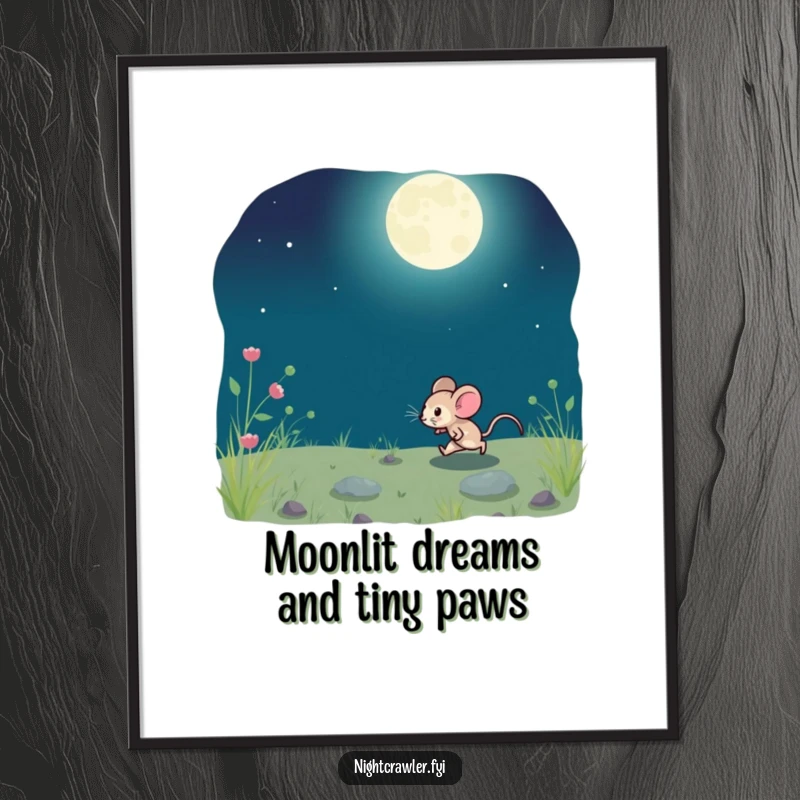 Funny Free Printable Wall Art: A small mouse playfully scurries across the ground under a bright, enchanting moon.