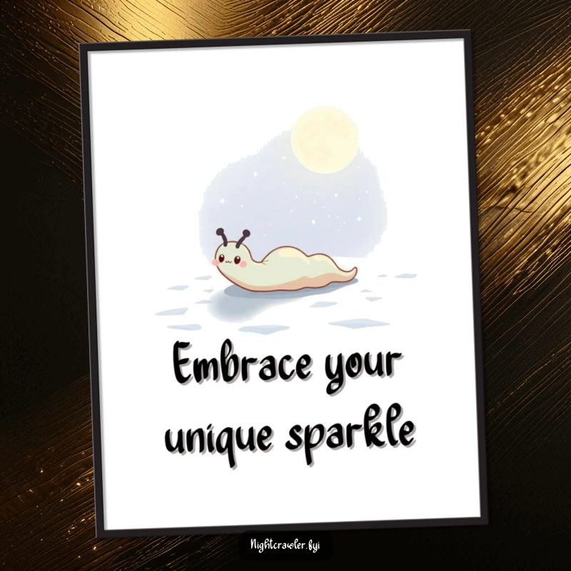 Funny Free Printable Wall Art: A cute slug character leaving a magical, shimmering trail across a dimly lit moonlit surface.