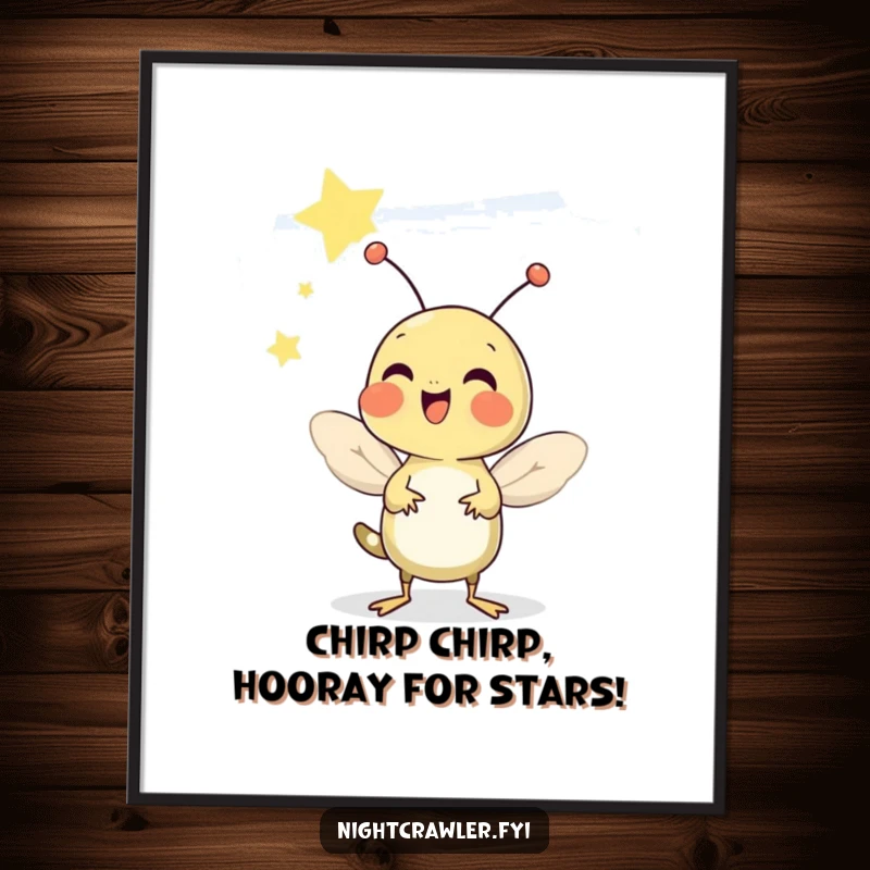 Funny Free Printable Wall Art: A cheerful cricket is depicted chirping merrily beneath a beautiful, star-filled night sky.