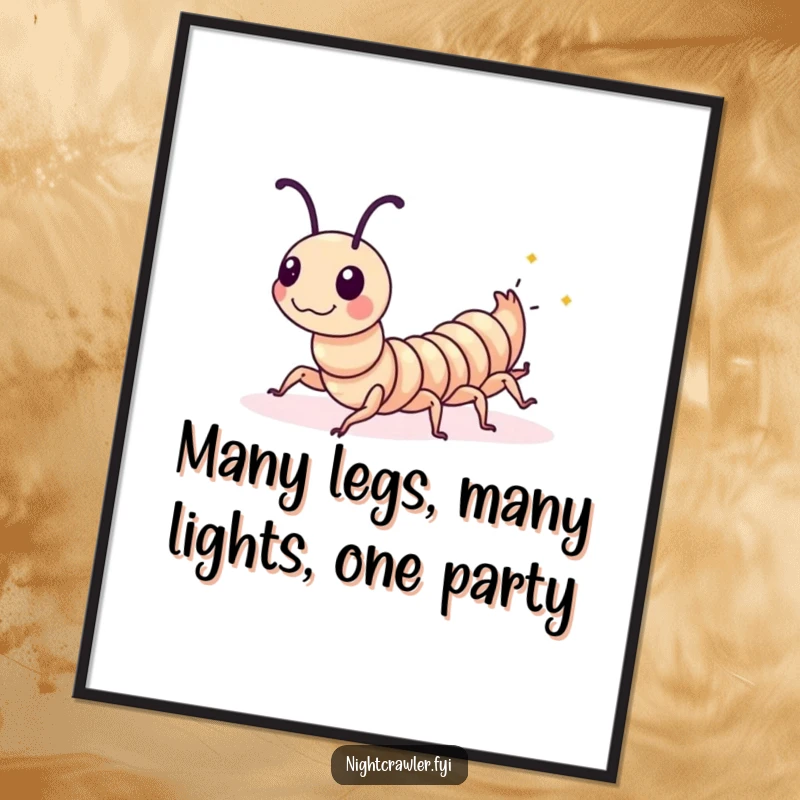Funny Free Printable Wall Art: A playful centipede doing a synchronized wiggle with tiny glowing spots, full of life.