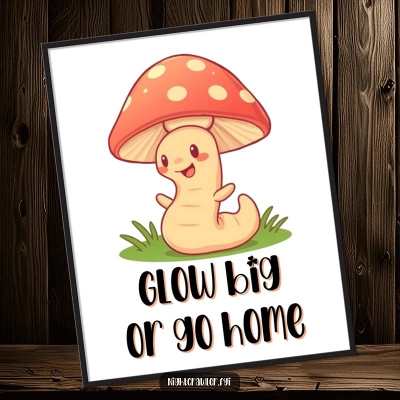 Funny Free Printable Wall Art: Cute earthworm wiggling enthusiastically under a vibrant, glowing mushroom, creating a magical scene.
