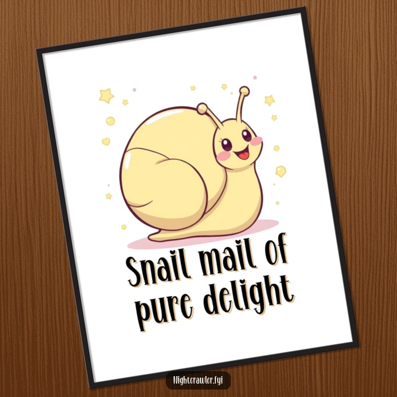 Funny Free Printable Wall Art: A kawaii snail character leaves a shimmering trail composed entirely of visible giggles.