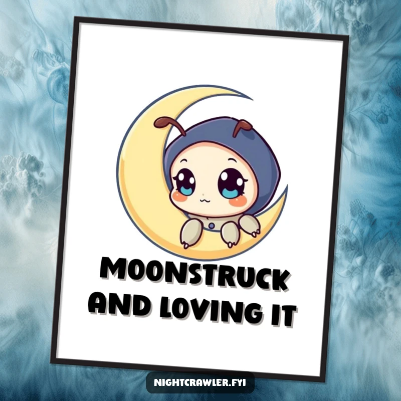 Funny free printable wall art, a curious night crawler character peeking from a luminous crescent moon.