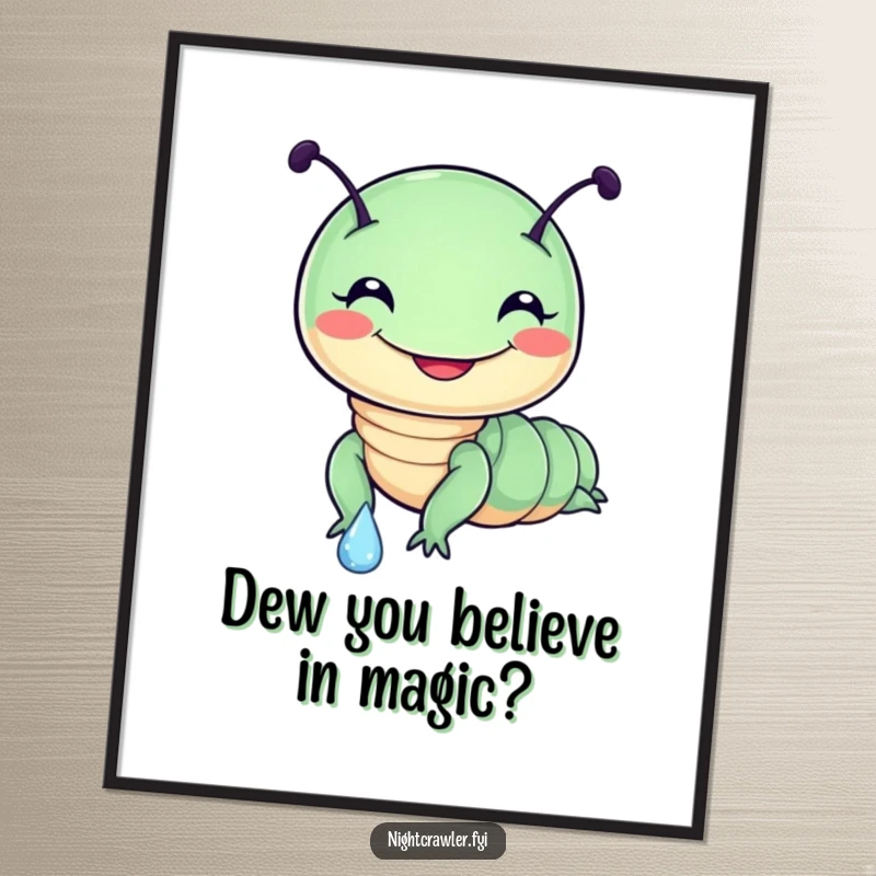 Funny Free Printable Wall Art: Round night crawler with a wide grin slides down a glistening dewdrop, creating playful art.