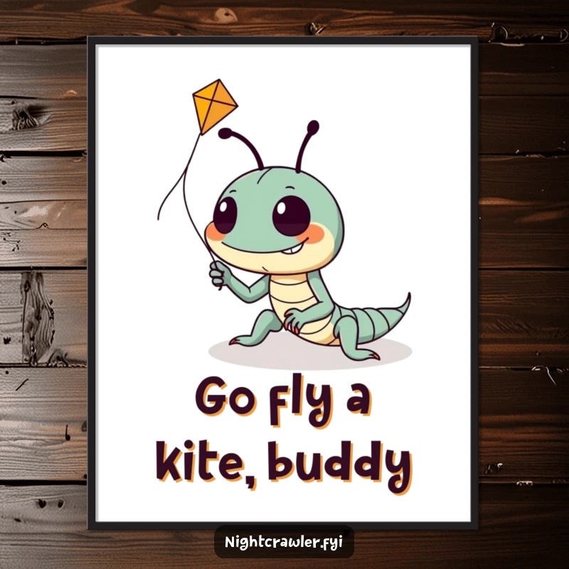 Funny Free Printable Wall Art: Goofy night crawler with a big grin tries to fly a tiny kite, capturing a moment of fun.